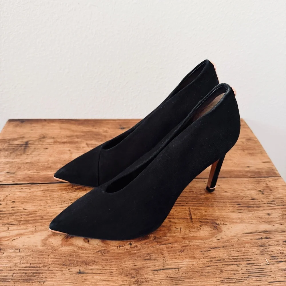 Ted Baker Black Suede Gold Bow Heels